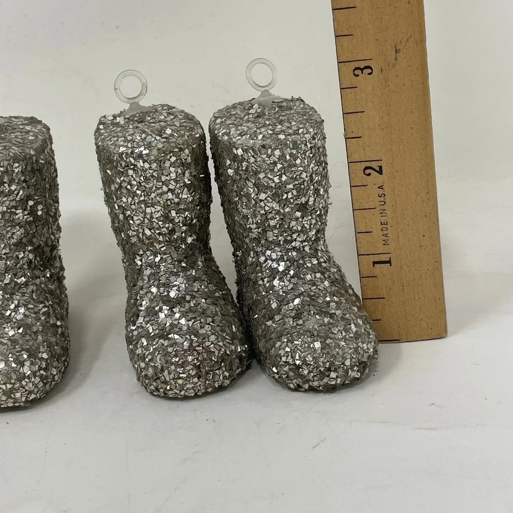 Vintage Silver Glitter Boot Christmas Ornaments Set of 4  Winter Holiday Decor